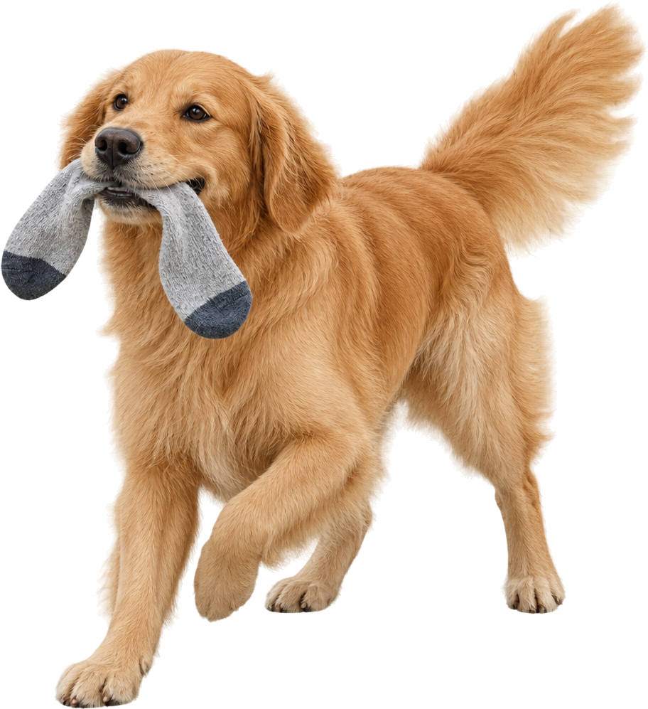 A golden retriever playing with a sock